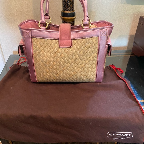 COACH STRAW/LEATHER HANDBAG PREOWNED Pink/tan - Picture 7 of 10
